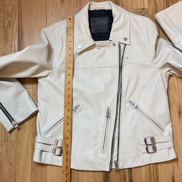 AllSaints Women’s Ivory Leather Motorcycle Biker Jacket with Black Lining 12 - Picture 11 of 12
